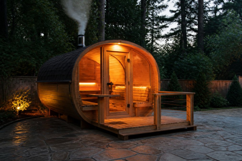 A spruce barrel sauna with a glass front door and small attached terrace sits on a stone patio in a leafy backyard at dusk, warm light glowing from the interior and steam rising softly from the roofline