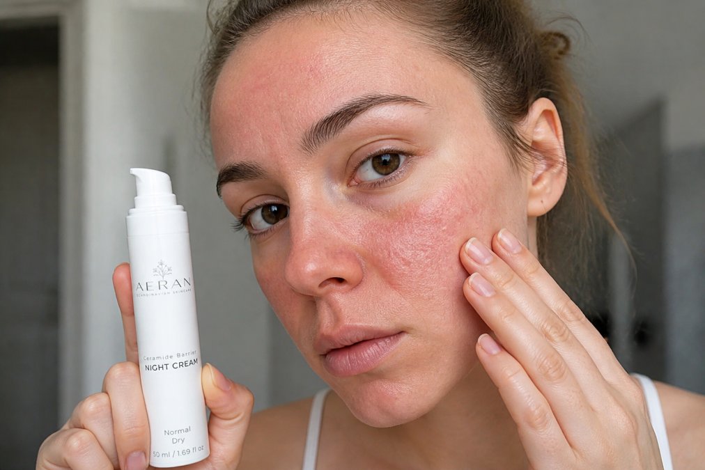 Close-up of person's face showing visible redness, irritation, and rough texture on cheeks and forehead area, with natural indoor lighting highlighting the compromised skin condition