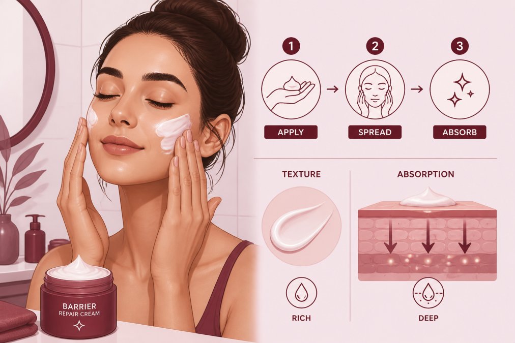Person's hands applying a rich cream to their face using fingertips, showing the texture and absorption of a barrier repair moisturizer in natural bathroom lighting