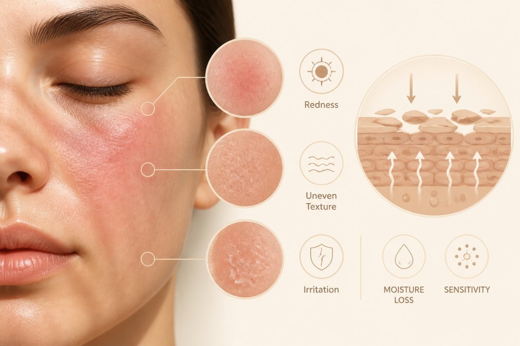 Close-up of facial skin showing visible redness, uneven texture, and irritation with natural morning light highlighting compromised areas and sensitivity