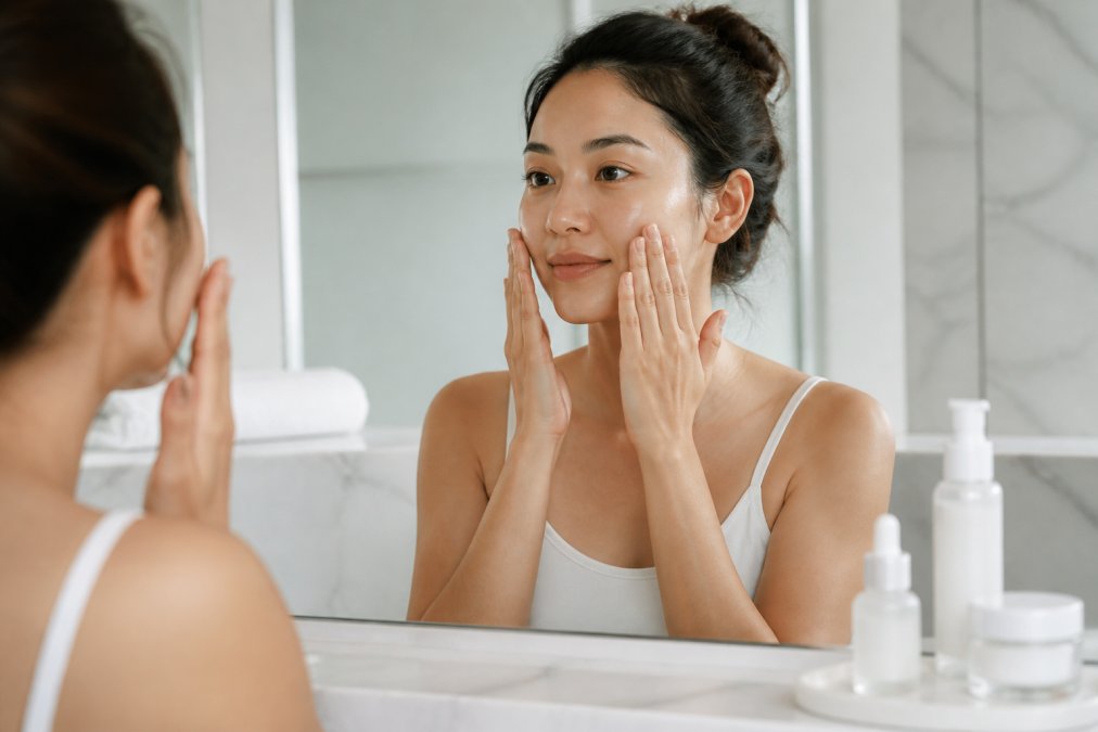 Person gently applying serum to clean, damp face using fingertips with careful pressing motions in a bright, minimalist bathroom setting with natural lighting