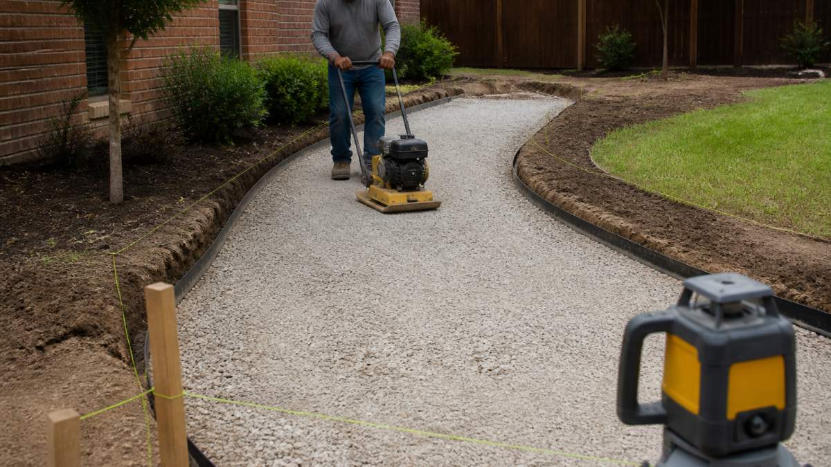 A crew member running a plate compactor over a gravel base for a curved paver walkway in a residential backyard, with a laser level and wooden stakes visible in the foreground