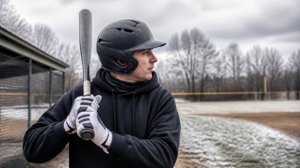 Baseball player wearing weather-resistant batting gloves and protective helmet in early spring conditions with frost visible on the ground and overcast sky