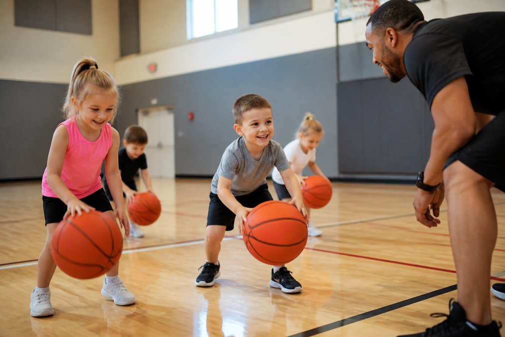 Young children aged 5-6 in a bright gymnasium practicing basic dribbling drills with a coach, smiling and engaged while handling oversized basketballs in a supportive learning environment