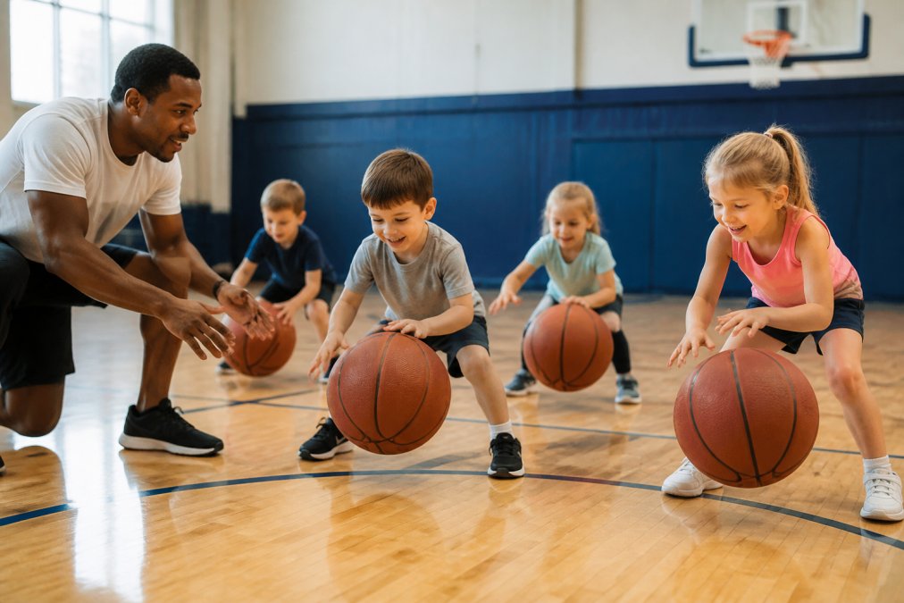Professional illustration showing Young for basketball coaching for kids