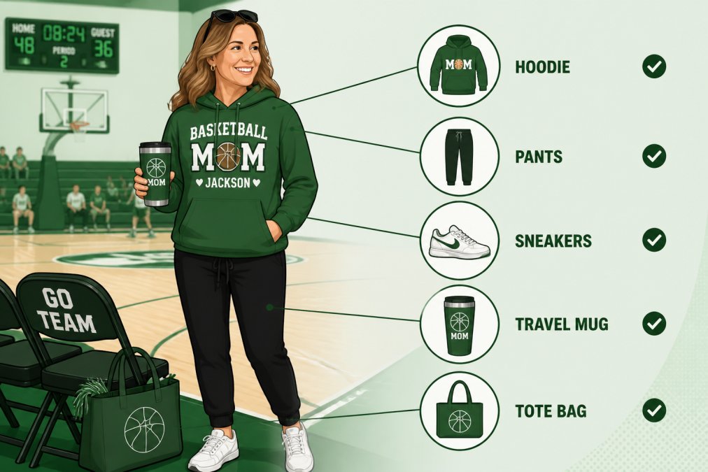 Basketball mom wearing a personalized hoodie and comfortable casual pants, standing courtside with a confident smile, holding a travel mug, showing practical game day style