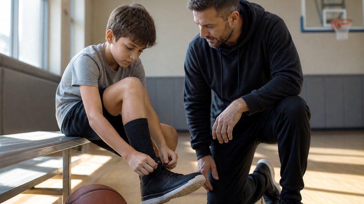 A young boy in a gym lacing up a high-top basketball shoe while a parent kneels beside him offering guidance, soft natural light from gym windows