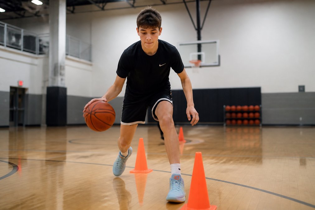 A focused youth basketball player dribbling through orange cone markers on a polished indoor court, gym lights overhead, determined expression, athletic shoes and shorts