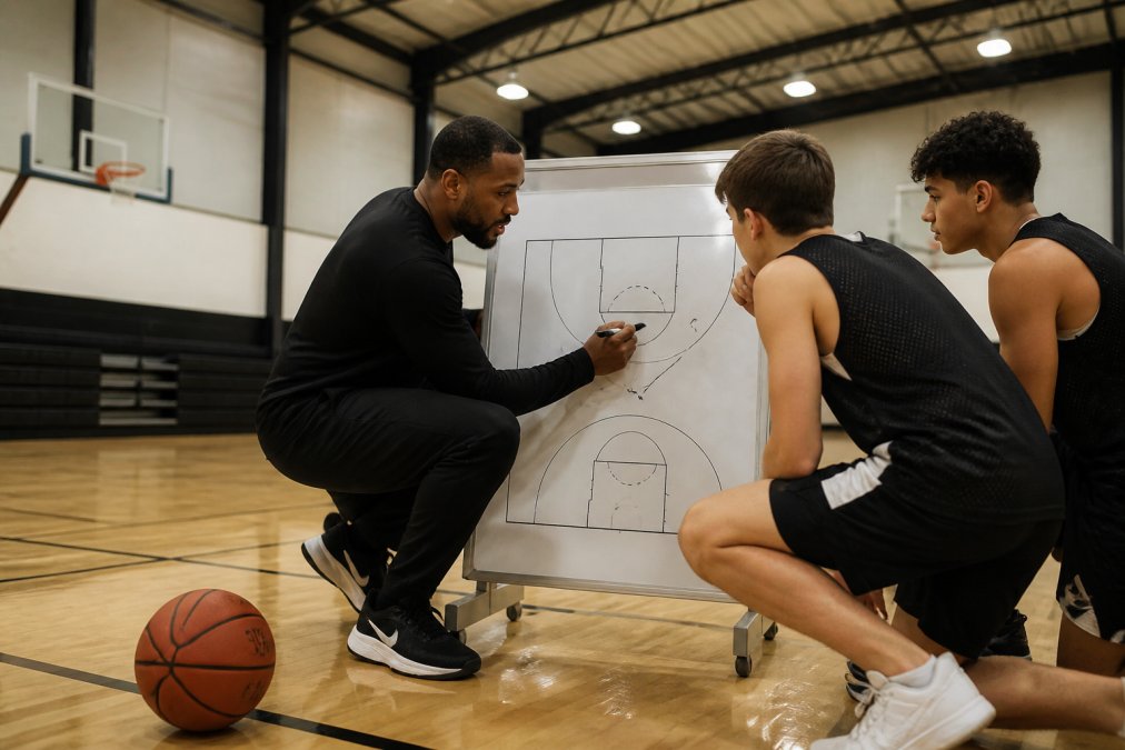 A coach drawing a play on a whiteboard with two young players watching attentively in a gym, a basketball resting on the floor nearby, overhead gymnasium lighting