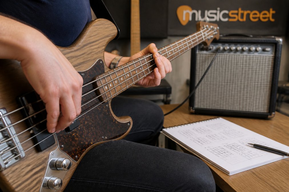 A close-up of a musician's hands playing a four-string bass guitar in a studio setting, with a small practice amp and a notebook of chord charts visible in the background