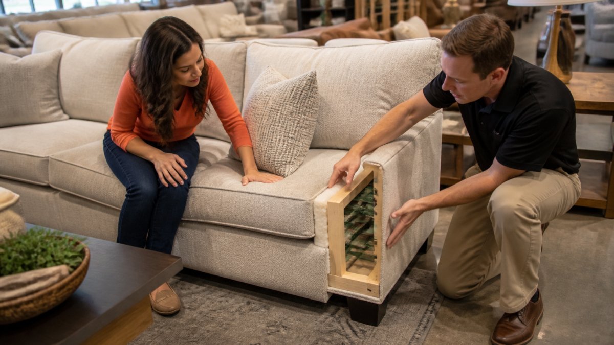 A shopper sitting on a sofa in a bright furniture showroom, pressing a hand into the seat cushion to test support while a salesperson points to the frame construction