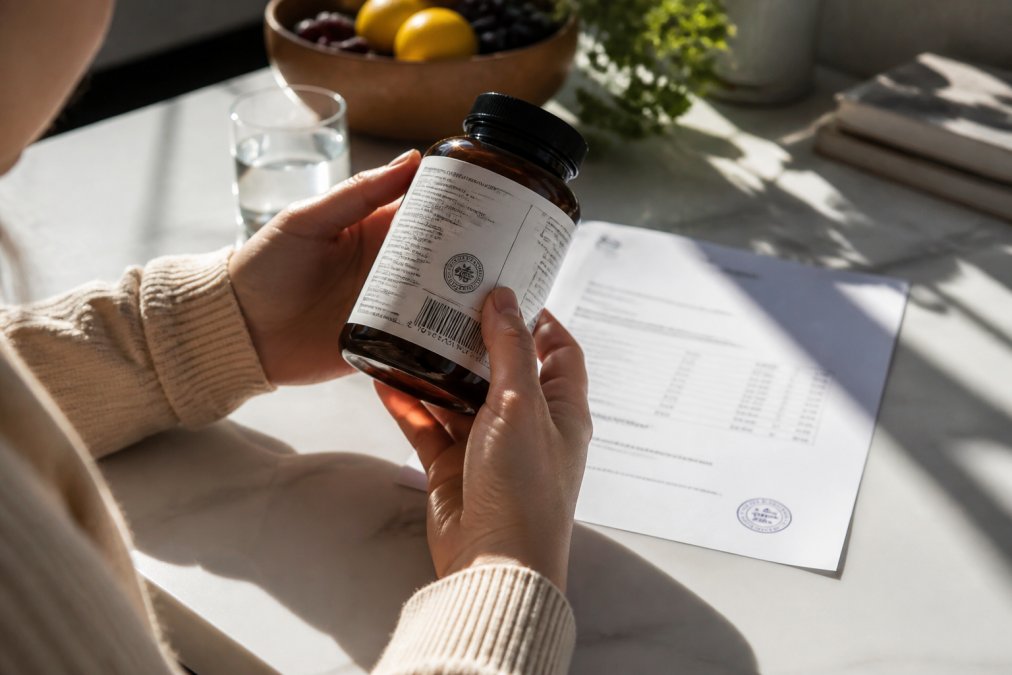 Person holding a supplement bottle and examining the certification logo and batch number on the label under bright natural light, with a certificate of analysis document visible on a white surface