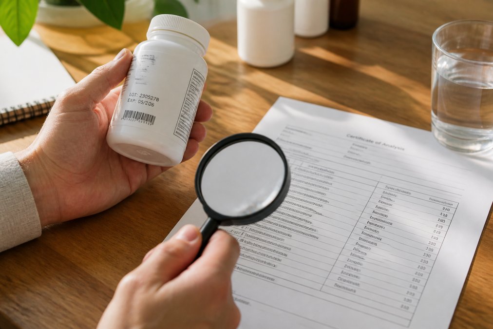 Close-up of hands holding a supplement bottle with visible batch number and lot code, with a printed certificate of analysis document alongside it on a wooden surface in natural daylight
