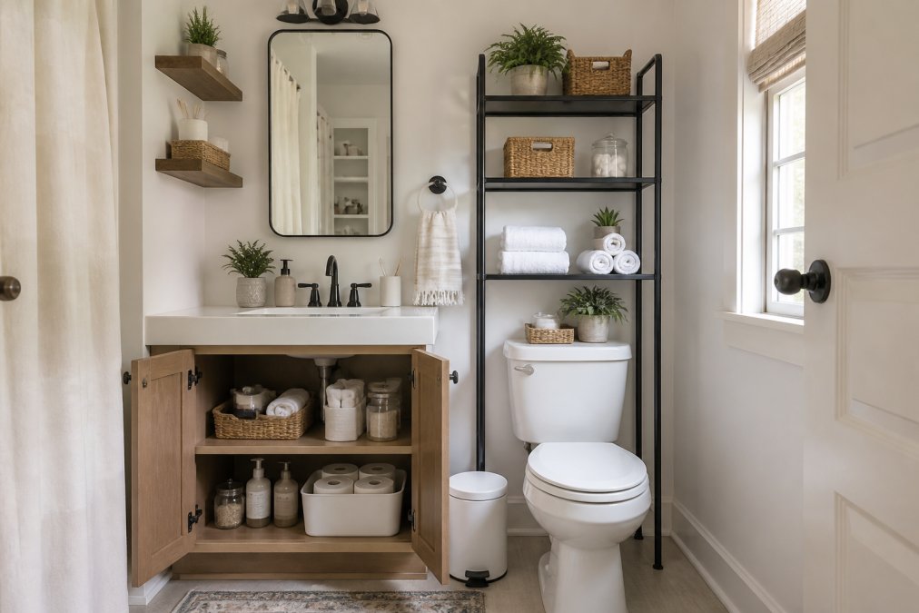 Compact bathroom with wall-mounted shelves, organized under-sink cabinetry, and over-the-toilet storage unit working together in tight space with clean white walls and natural lighting
