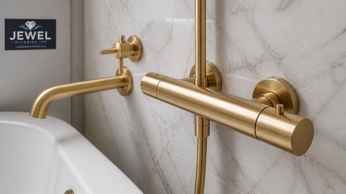 Close-up photograph of a brushed brass bathroom tap and thermostatic shower valve mounted on a marble-effect wall, showing the satin finish and warm metallic tone in natural daylight