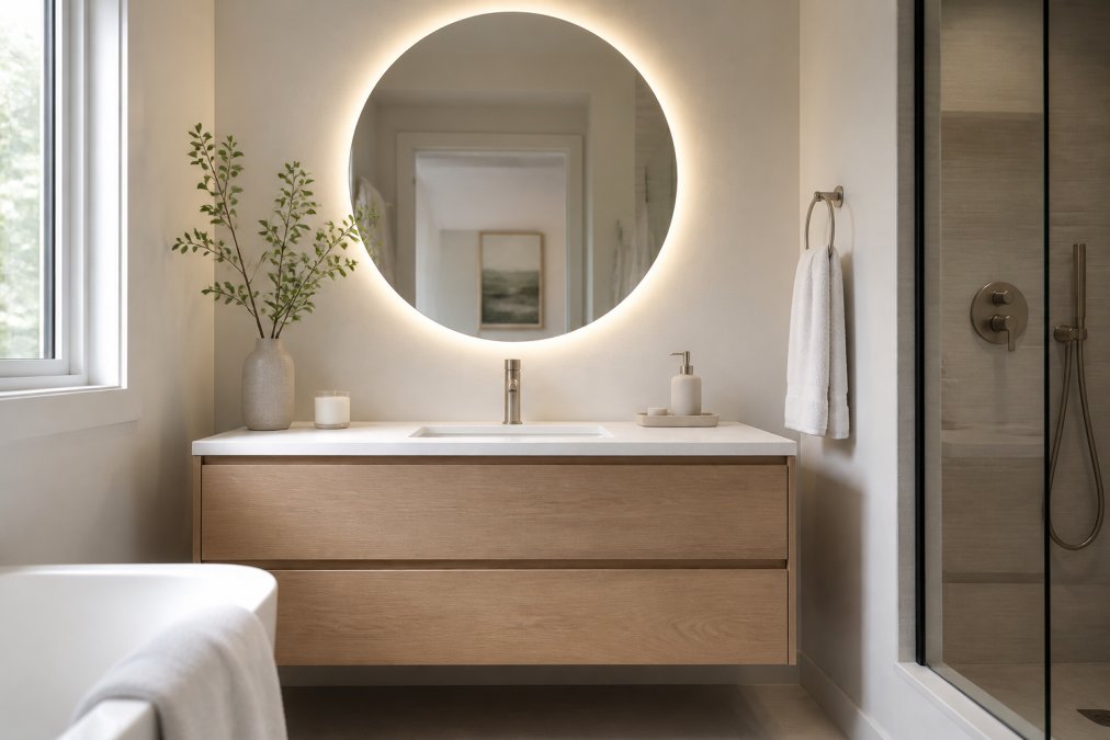 A bright, contemporary bathroom with a floating oak vanity, a single-handle brushed nickel faucet, and a round backlit LED mirror casting soft, even light across the counter