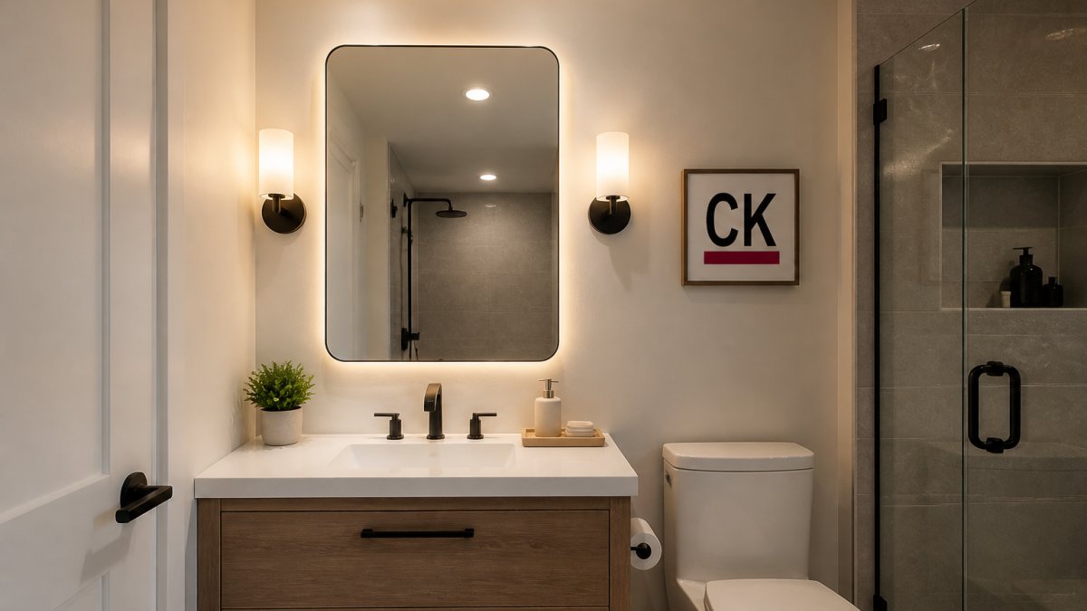 Wall sconces flanking a mirror and ceiling lights provide the best bathroom lighting for small spaces.