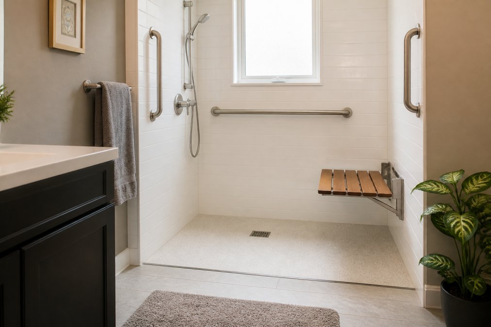 Professional illustration showing bright and modern and accessible concepts for bathroom modifications for seniors
