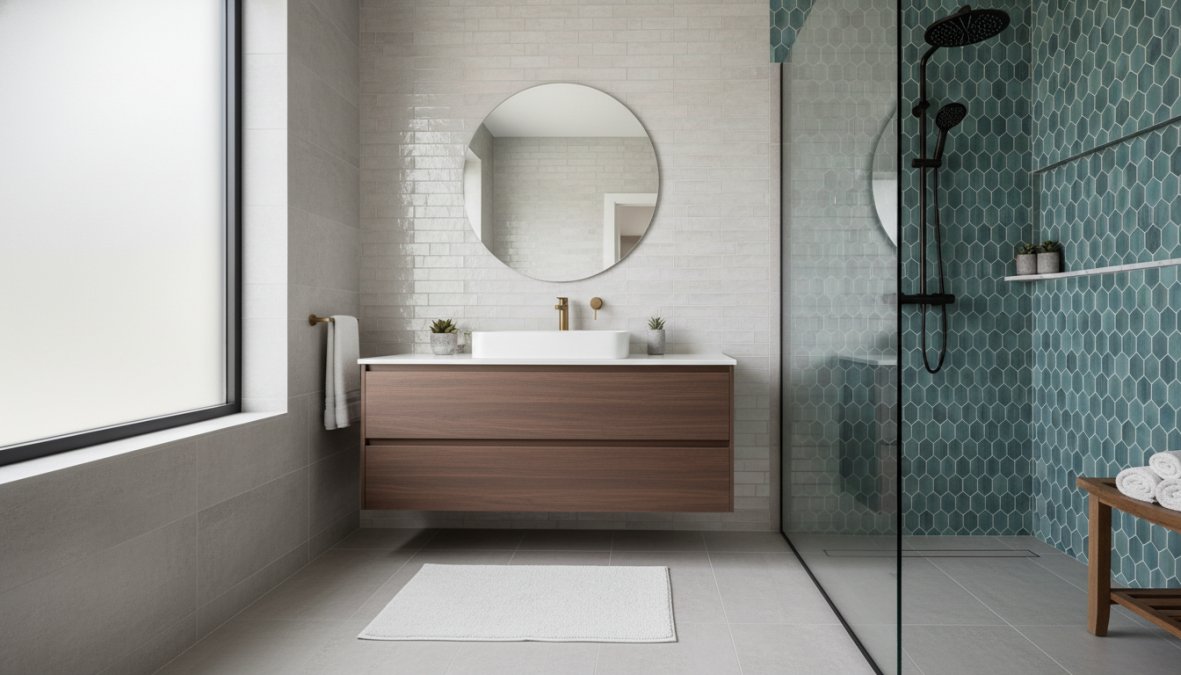 A beautifully renovated master bathroom with white subway tile walls, a walk-in shower with frameless glass enclosure, shaker cabinet vanity with undermount sink, warm pendant lighting above a marble countertop, and polished chrome faucet hardware, photographed in bright natural light