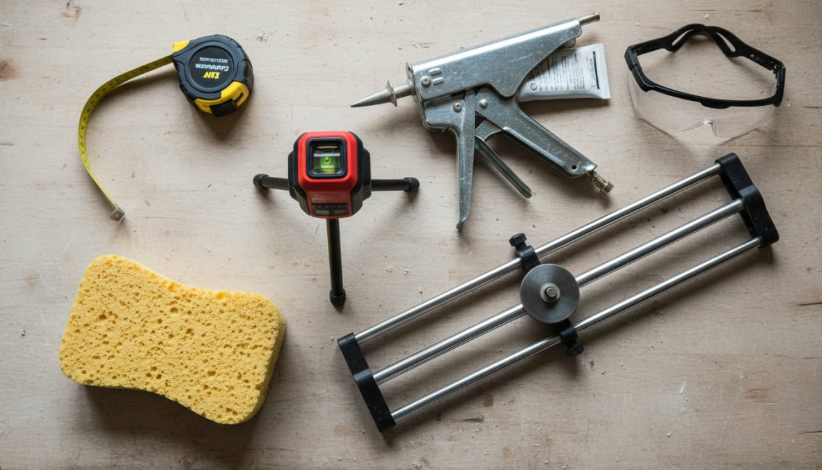 Flat-lay overhead photograph of renovation tools arranged neatly on a weathered wooden workbench: laser level, tile cutter, grout sponge, measuring tape, caulking gun, and safety goggles under bright workshop lighting