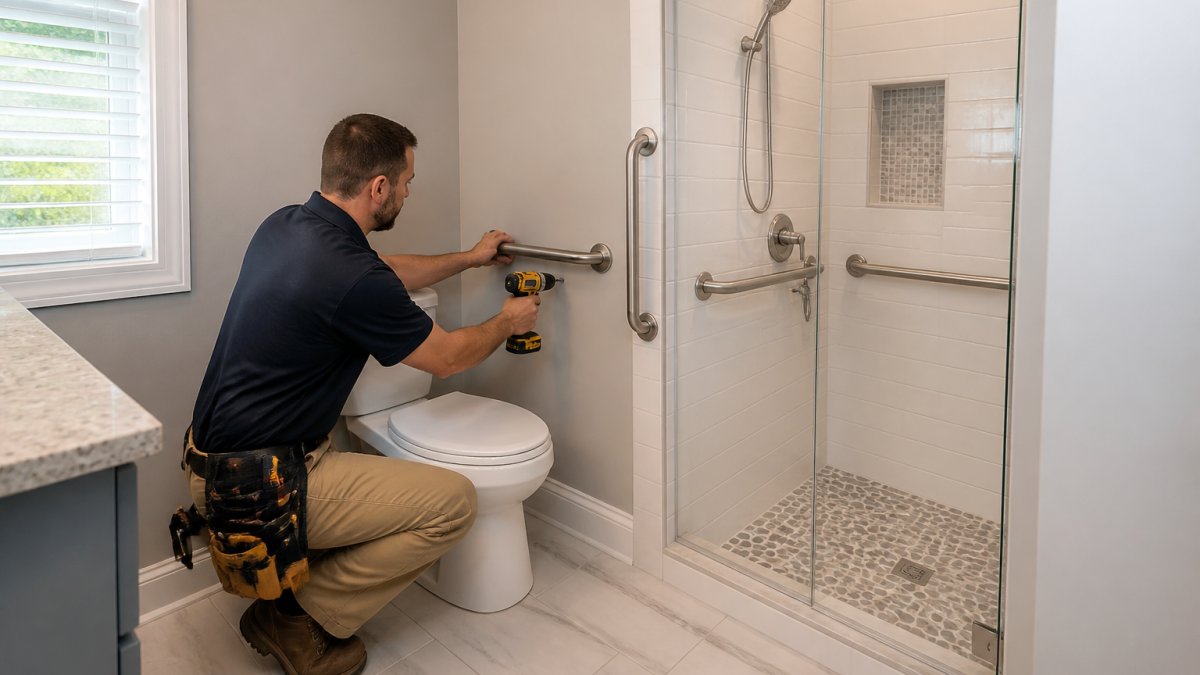 Professional installing stainless steel grab bars beside toilet and in shower area, showing secure wall mounting and proper height positioning for senior safety