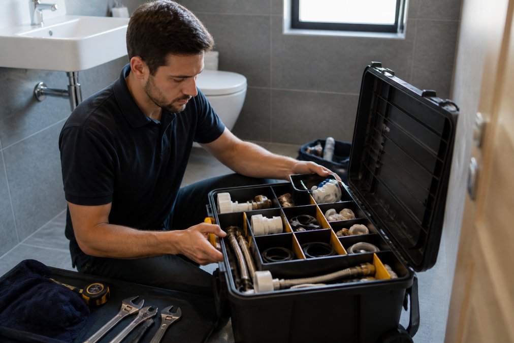 Maintenance technician holding an organized bathroom repair kit box with compartments containing various plumbing parts, tools, and OEM-grade components, preparing for a job site visit in bright natural lighting