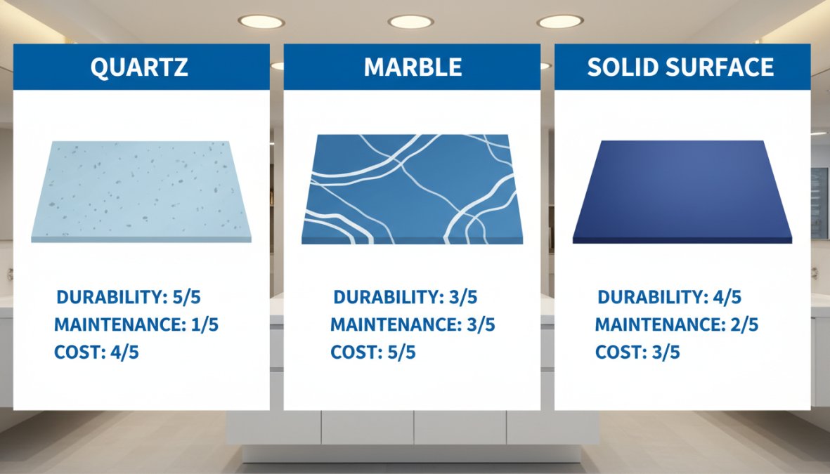 Close-up photograph of a modern bathroom vanity top showing multiple material samples side by side, including quartz, marble, and solid surface slabs displayed on a clean white countertop in a bright, well-lit bathroom showroom with warm overhead lighting