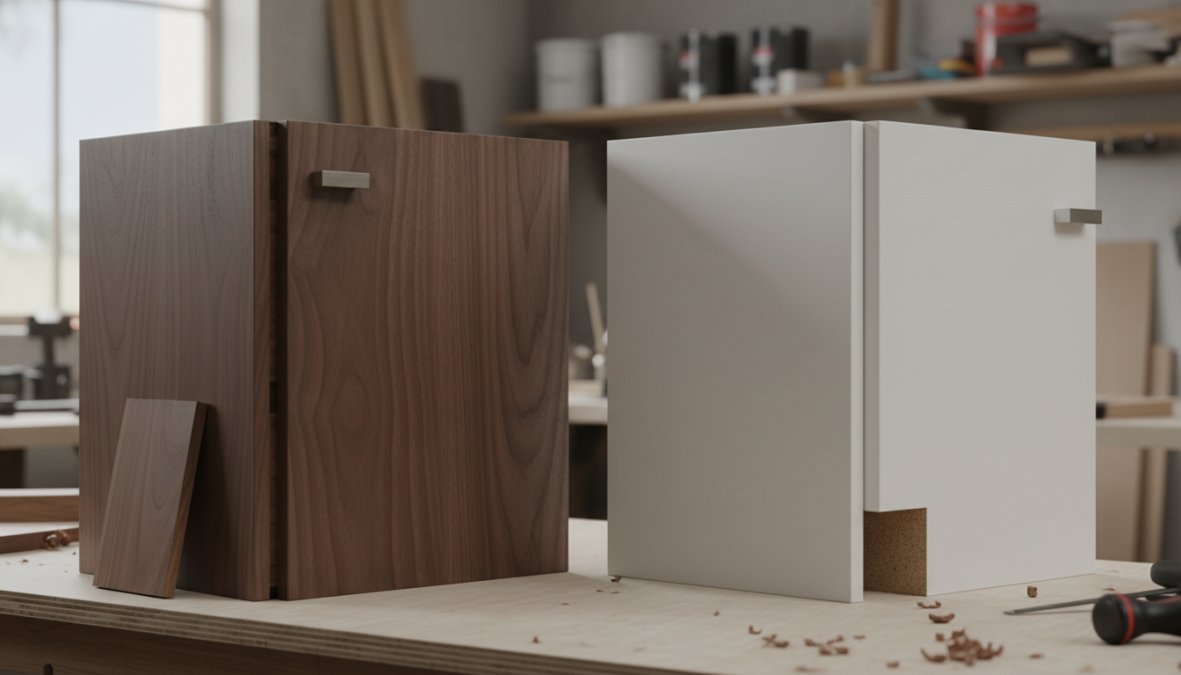 Side-by-side photograph of two bathroom vanity cabinets displayed in a showroom setting, one crafted from solid hardwood with visible wood grain texture and one with a smooth painted MDF finish, both under warm directional lighting that highlights the textural differences between the two surfaces