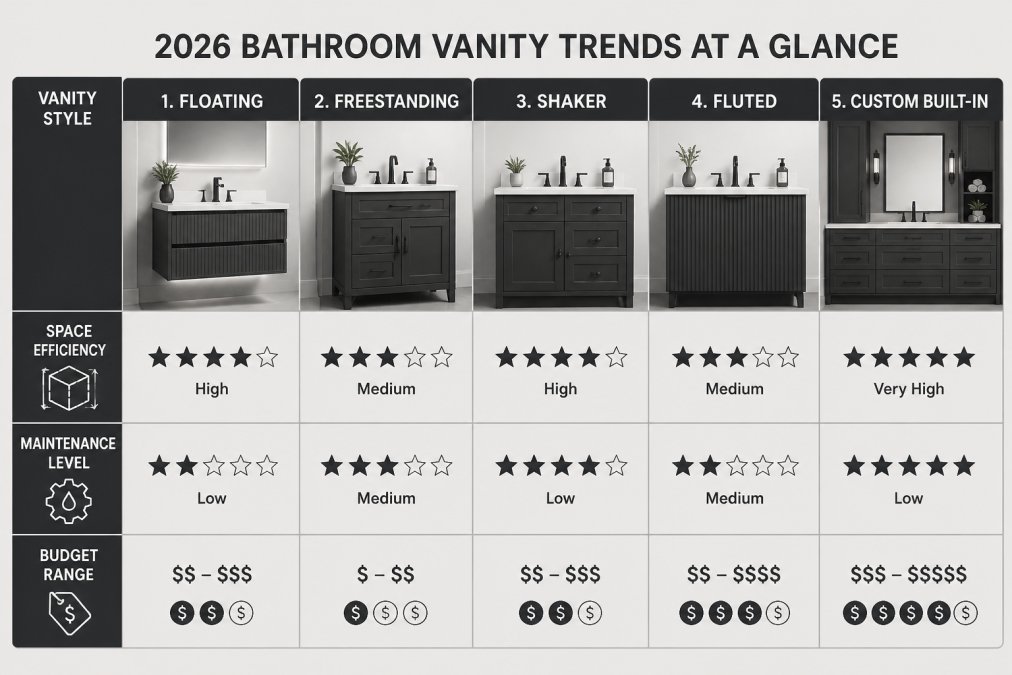 Comparison chart ranking 2026 bathroom vanity styles by space, maintenance, and budget efficiency.