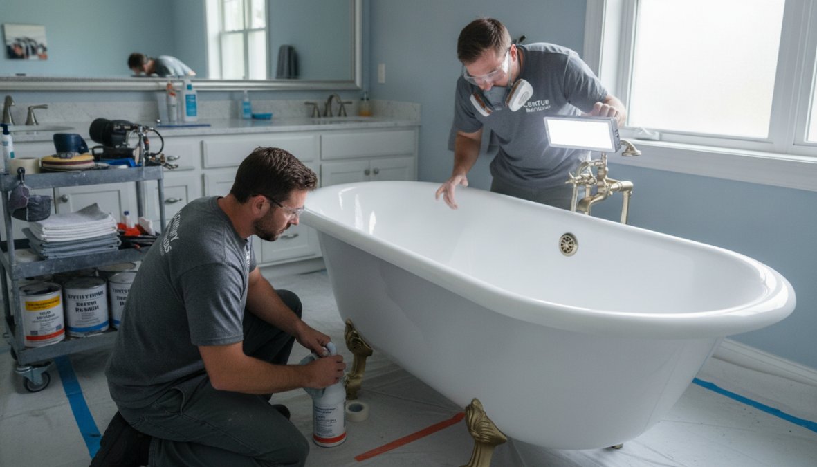 Professional technician in protective equipment applying refinishing coating to a bathtub with precision spray equipment in a well-ventilated bathroom