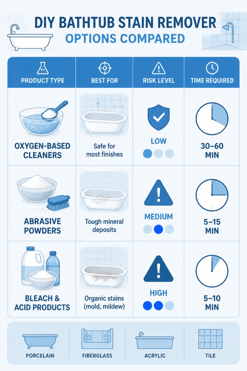 Comparison matrix of DIY bathtub stain removers showing oxygen-based cleaners (safe for most finishes, slow acting), abrasive powders (fast but scratch risk), and bleach and acid products (effective on organic stains but can damage finish), with columns for product type, best for, risk level, and time required