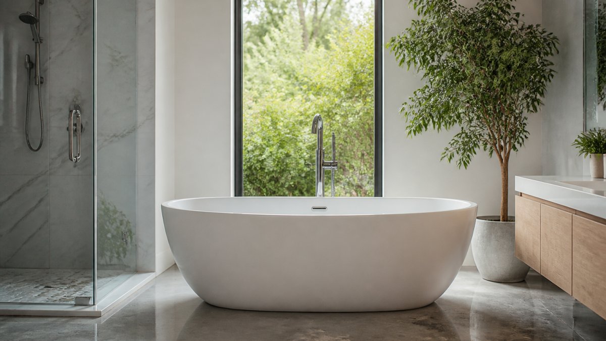 Sleek modern bathroom featuring a white freestanding oval soaking tub positioned as a focal point near a large window with natural light streaming in, minimalist chrome fixtures visible, polished concrete flooring