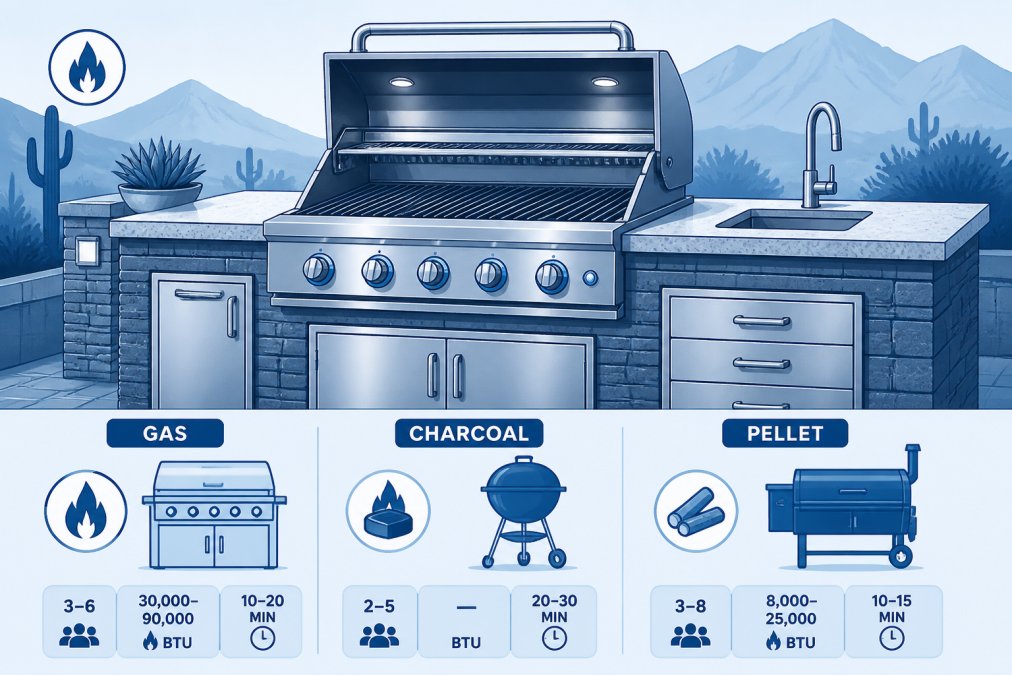 Stainless steel built-in gas grill integrated into outdoor kitchen island with granite countertop, showing control knobs and cooking grates with a desert landscape in background