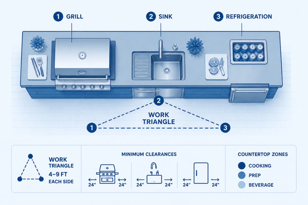 Overhead view of complete outdoor kitchen island showing work triangle with built-in grill on one side, sink in center, and refrigeration on opposite side, with clean countertop organization
