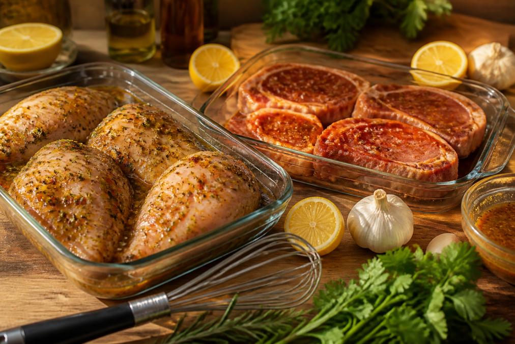 Close-up of marinated chicken breasts and pork chops resting in a glass baking dish, surrounded by fresh herbs, citrus slices, and a whisk, on a wooden kitchen counter under warm afternoon light