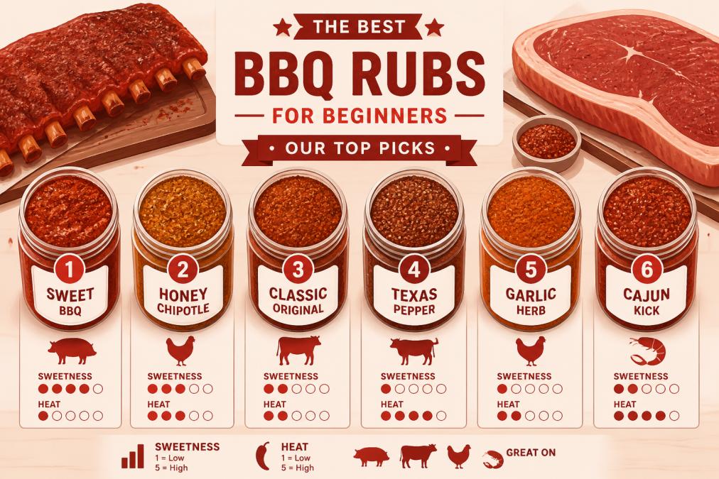 Flat-lay of several open jars and containers of colorful BBQ spice rubs arranged on a rustic wooden table, with a rack of pork ribs and a raw brisket cut visible in the background, warm natural light
