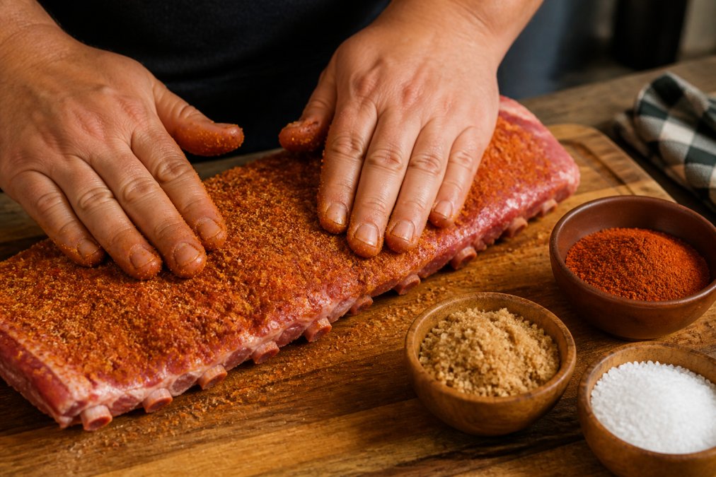 Close-up of hands pressing a coarse spice rub firmly into a raw rack of ribs on a wooden cutting board, with small bowls of smoked paprika, brown sugar, and kosher salt visible nearby, warm kitchen lighting