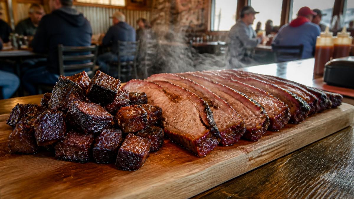 Smoked brisket and burnt ends on a wooden cutting board at a local pit barbecue smokehouse, with steam rising and casual diners visible in the background