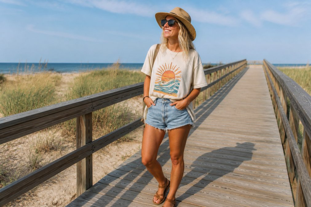 College student wearing an oversized graphic tee tucked at the front with denim shorts and strappy sandals, standing on a beach boardwalk with sunglasses and a straw hat
