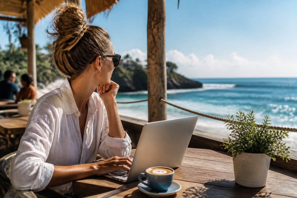 Best Beaches to Live in the US: 2026 Guide 2 Young professional working on laptop at an outdoor beachside café with ocean view, natural lighting, and coffee nearby