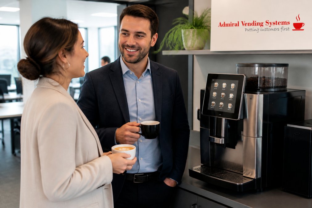 Two office workers smiling while using a modern bean to cup coffee machine in a bright, contemporary office kitchen, one holding a cappuccino with latte art, machine has digital touchscreen and stainless steel finish, coffee beans visible in the hopper