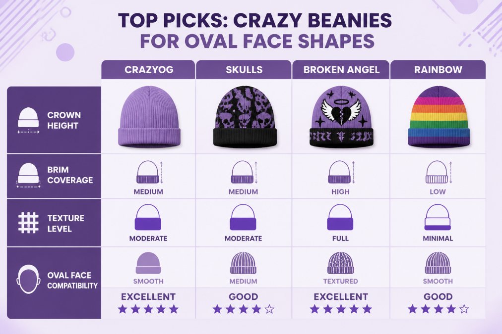 Comparison chart evaluating beanie styles based on crown height, brim coverage, texture, and oval face compatibility.