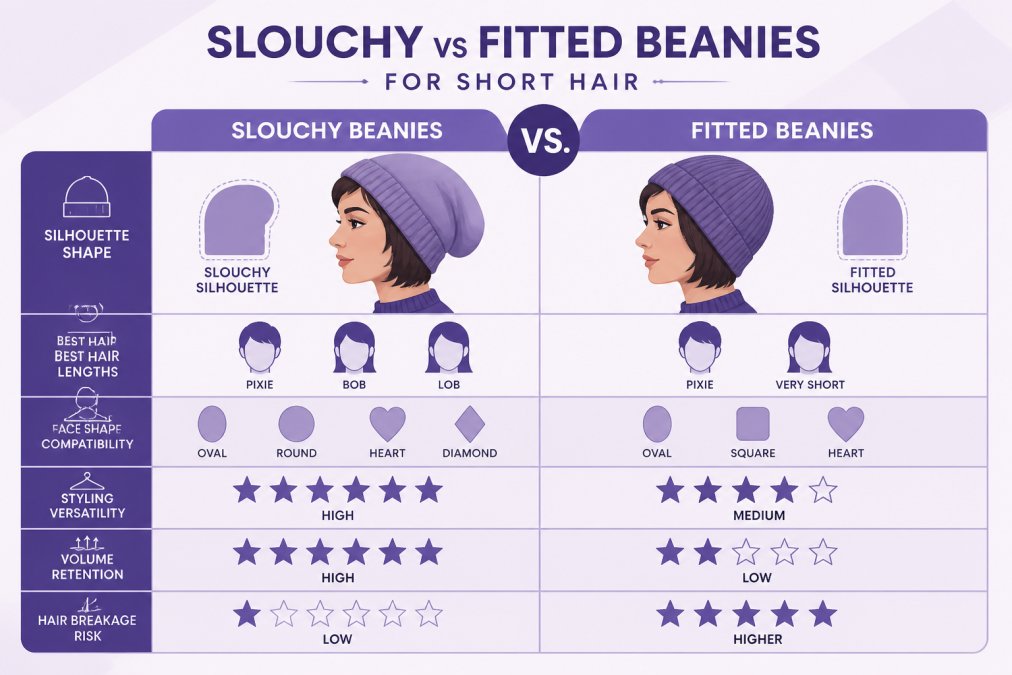 Comparison matrix showing slouchy vs fitted beanies: silhouette shape, best hair lengths, face shape compatibility, styling versatility, volume retention, and hair breakage risk
