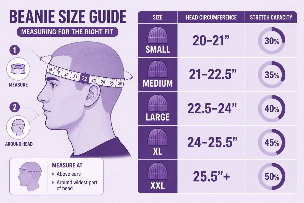 Diagram showing head circumference measurement guide with size ranges marked: Small (20-21"), Medium (21-22.5"), Large (22.5-24"), XL (24-25.5"), XXL (25.5"+), and stretch capacity percentages for each size category