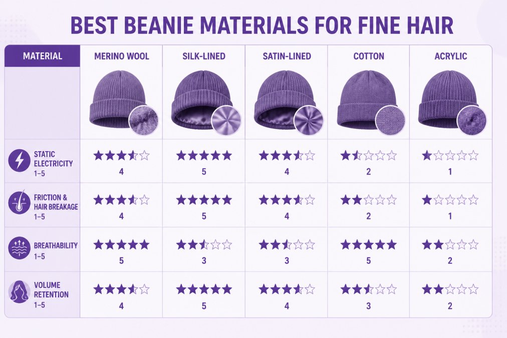 Comparison matrix of beanie materials merino wool, silk-lined, satin-lined, cotton, and acrylic rated on static electricity, friction and hair breakage, breathability, and volume retention