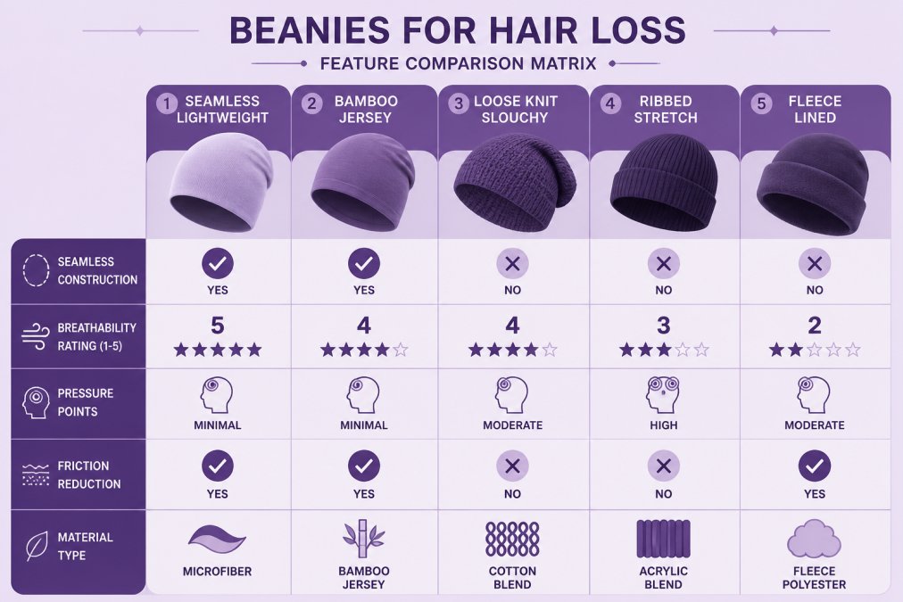 Feature comparison matrix showing Seamless Construction (yes/no), Breathability rating (1-5 scale), Pressure Points (minimal/moderate/high), Friction Reduction (yes/no), Material Type across five beanie options