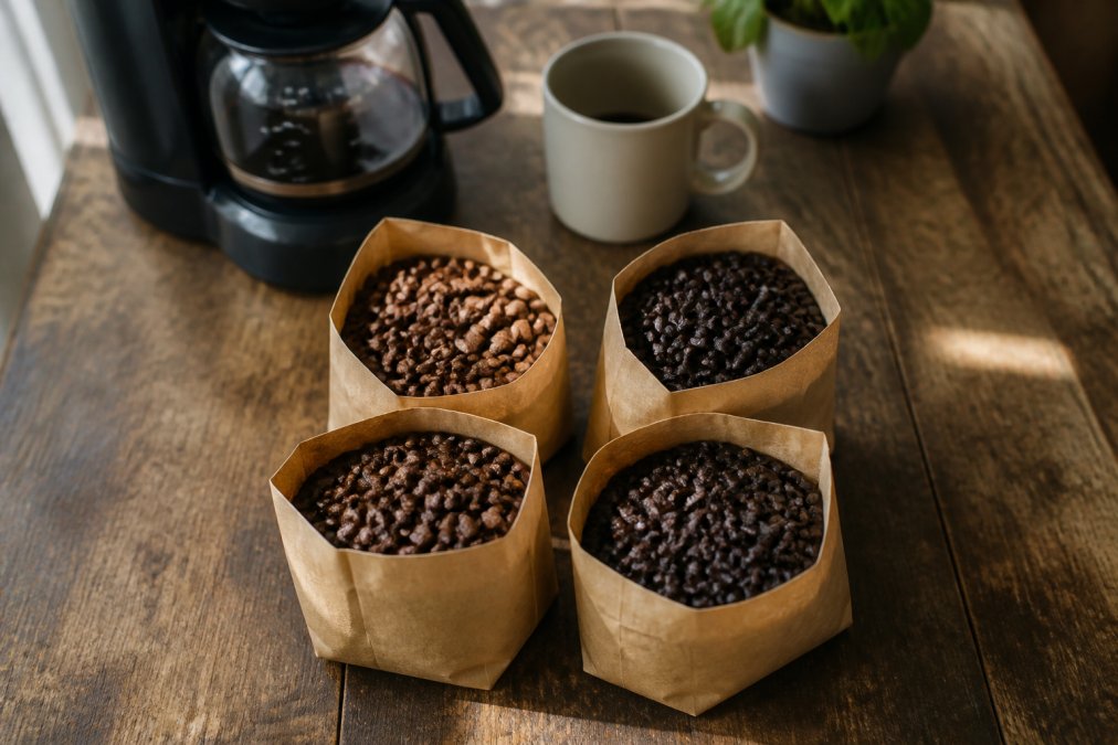 Overhead flat-lay of four small kraft paper bags of specialty coffee beans arranged on a worn wooden farmhouse table, a matte black standard drip coffee maker visible in the soft-focus background alongside a white ceramic mug, warm morning light casting gentle shadows across the beans