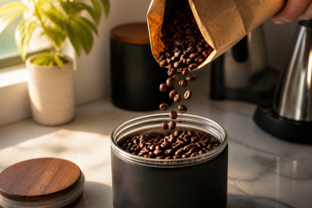 Close-up of whole dark-brown coffee beans cascading from a kraft paper bag into a dark matte airtight glass canister on a clean kitchen counter, warm natural window light from the left highlighting the beans' oily texture and varied surface tones