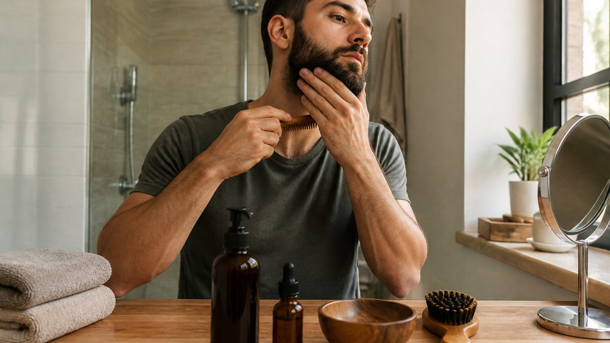 Man performing morning beard grooming with beard wash, oil, and comb on bathroom counter with natural lighting