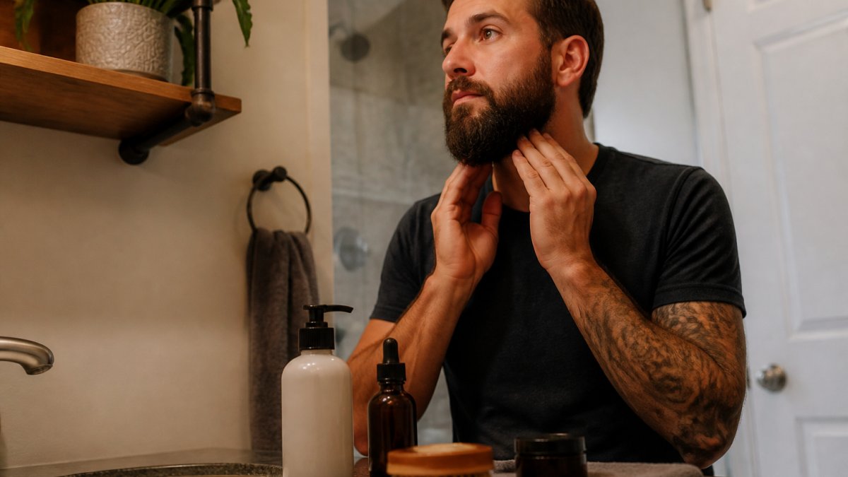 Man performing a complete beard grooming routine with beard oil, brush, and wash products laid out on a bathroom counter with warm lighting